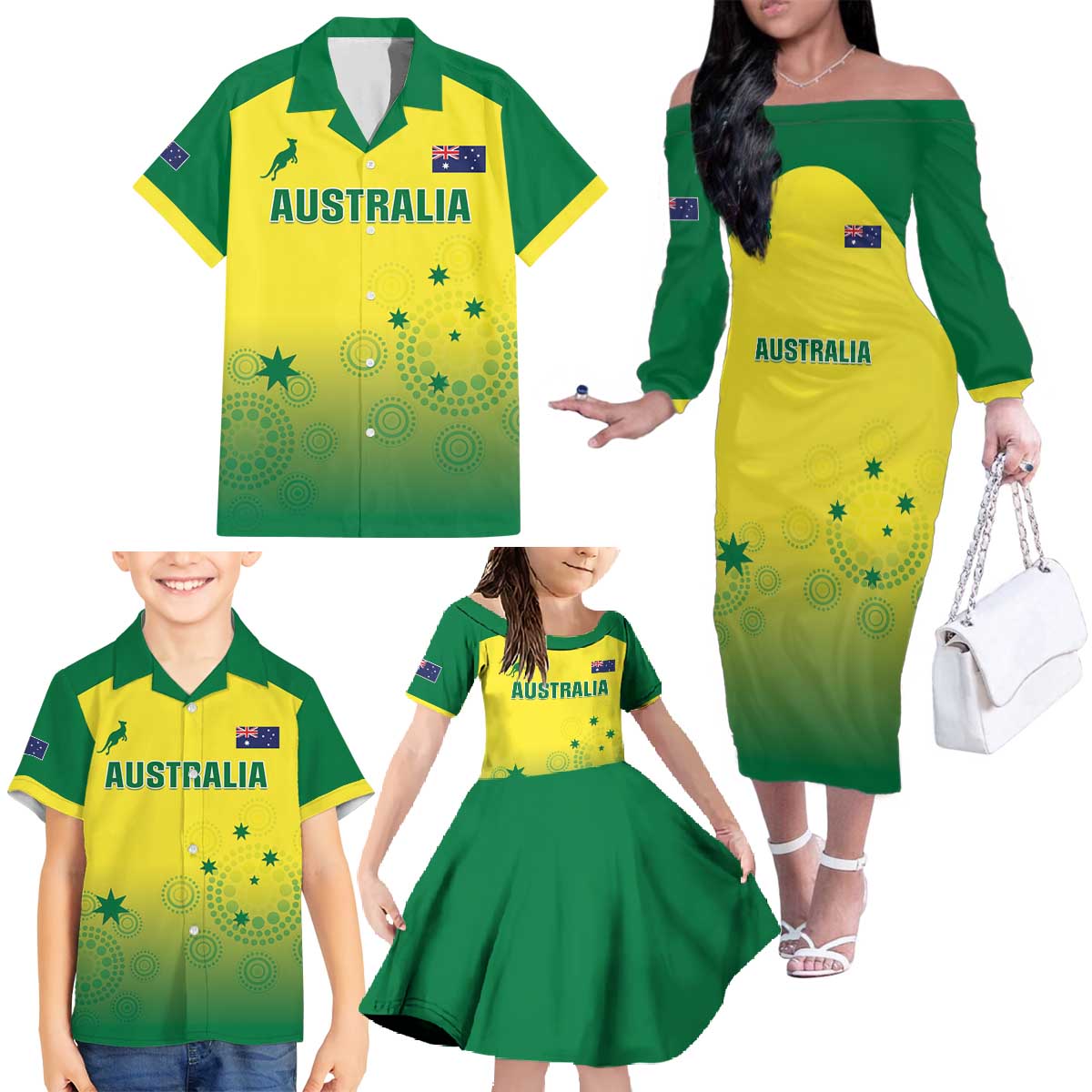 Custom Australia Cricket Family Matching Off The Shoulder Long Sleeve Dress and Hawaiian Shirt Go Champions Aussies LT05 - Wonder Print Shop