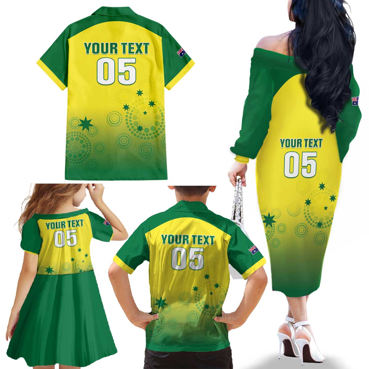 Custom Australia Cricket Family Matching Off The Shoulder Long Sleeve Dress and Hawaiian Shirt Go Champions Aussies LT05 - Wonder Print Shop