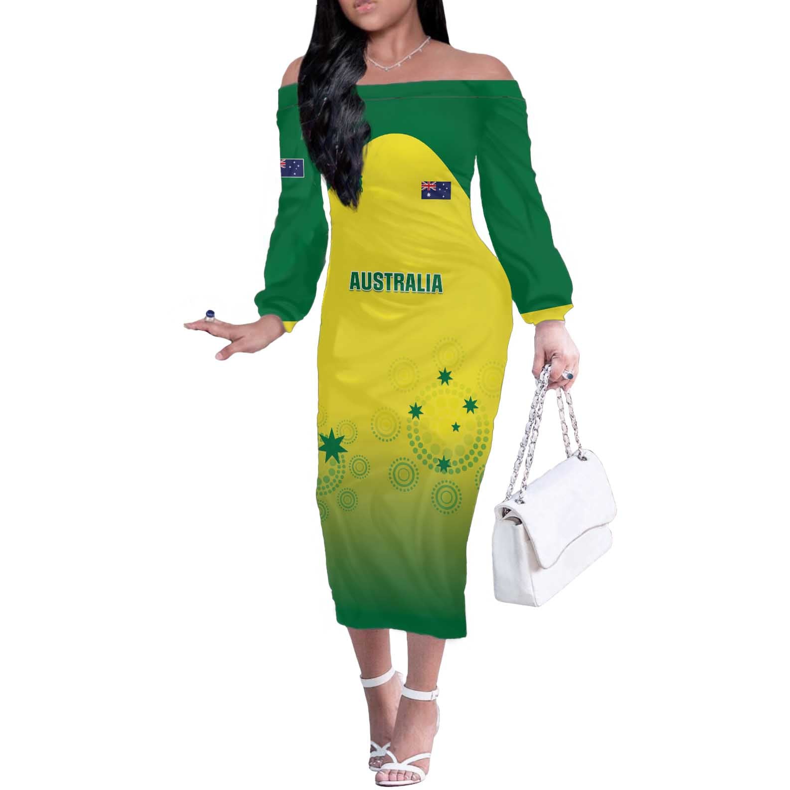 Custom Australia Cricket Off The Shoulder Long Sleeve Dress Go Champions Aussies LT05 - Wonder Print Shop