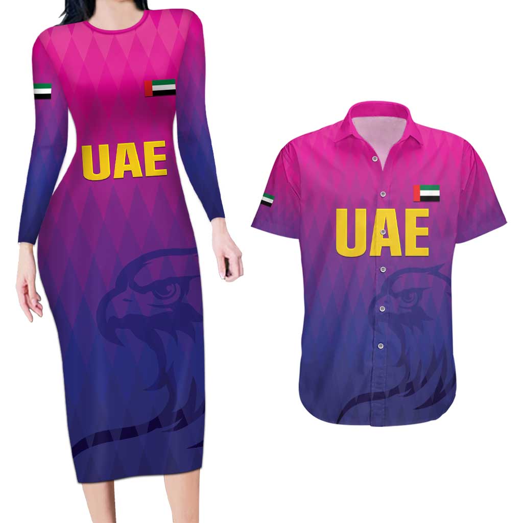 Custom United Arab Emirates Cricket Couples Matching Long Sleeve Bodycon Dress and Hawaiian Shirt Go Champions Sporty Style LT05 - Wonder Print Shop
