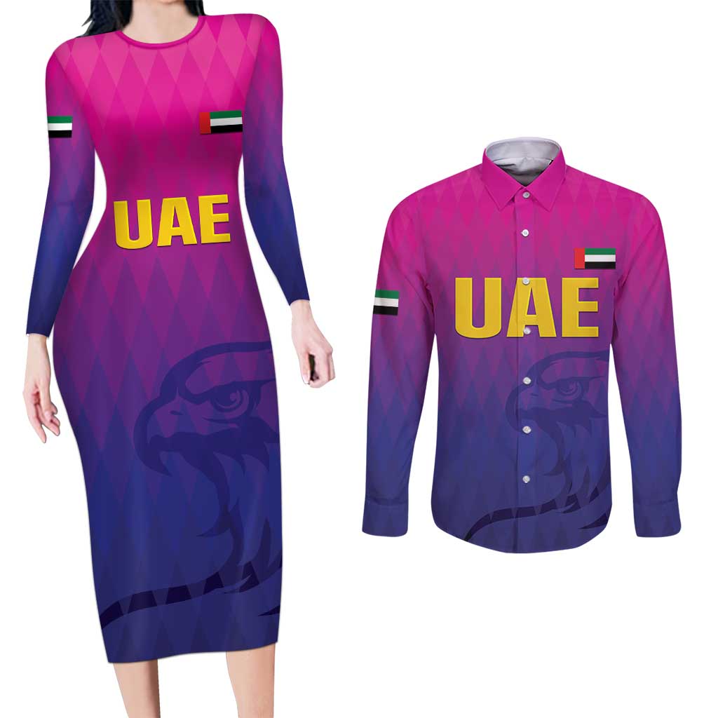 Custom United Arab Emirates Cricket Couples Matching Long Sleeve Bodycon Dress and Long Sleeve Button Shirt Go Champions Sporty Style LT05 - Wonder Print Shop