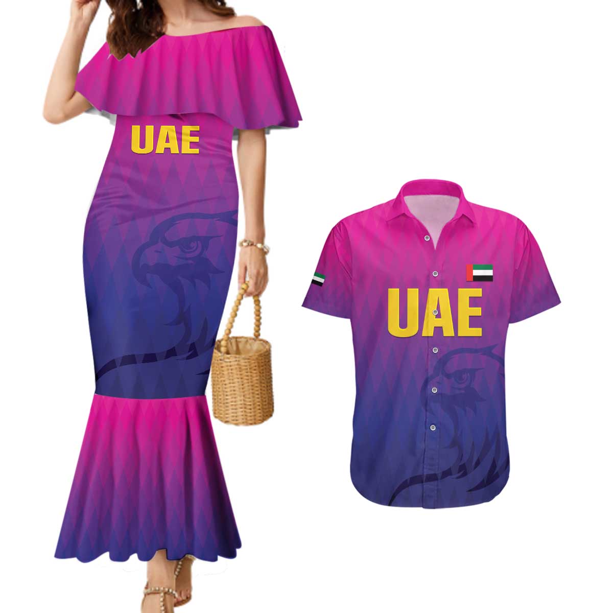 Custom United Arab Emirates Cricket Couples Matching Mermaid Dress and Hawaiian Shirt Go Champions Sporty Style LT05 - Wonder Print Shop