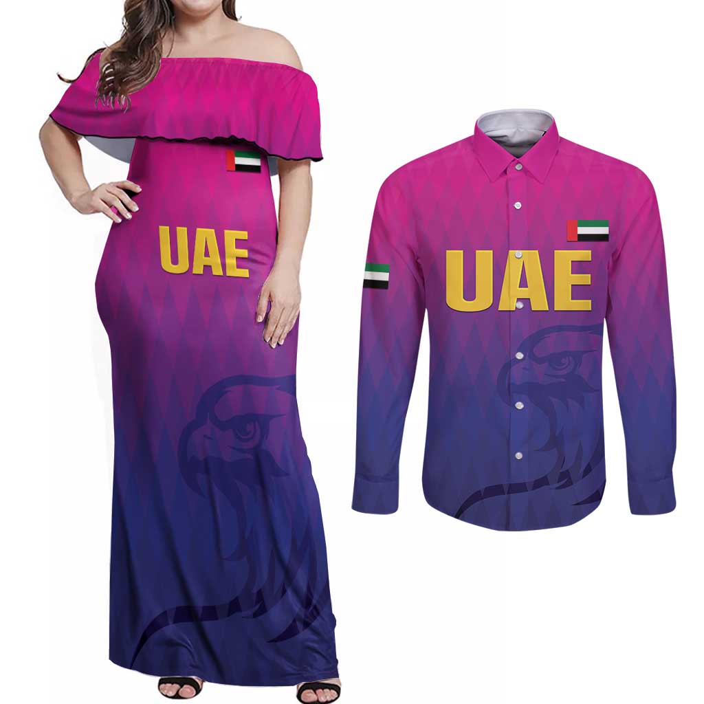 Custom United Arab Emirates Cricket Couples Matching Off Shoulder Maxi Dress and Long Sleeve Button Shirt Go Champions Sporty Style LT05 - Wonder Print Shop