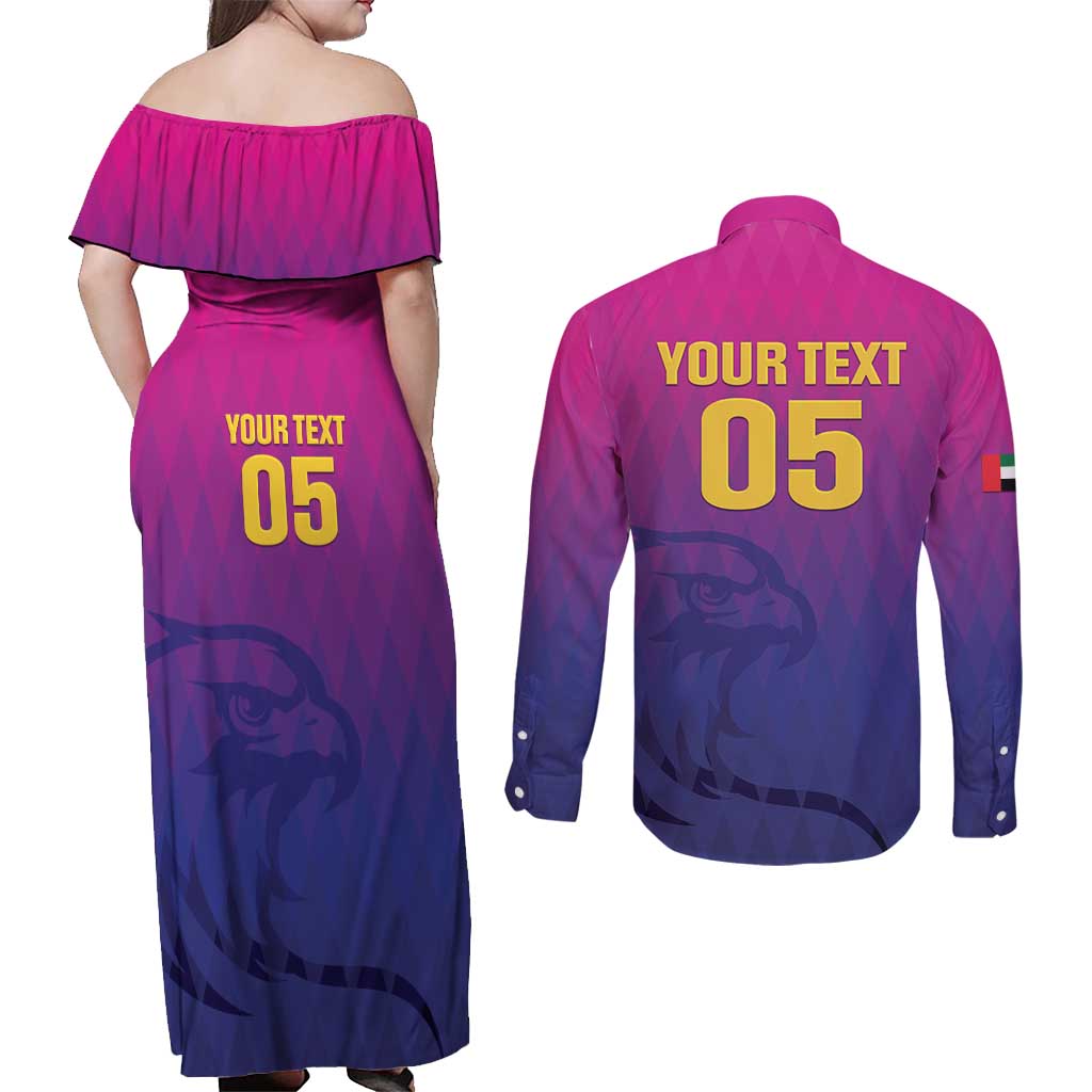 Custom United Arab Emirates Cricket Couples Matching Off Shoulder Maxi Dress and Long Sleeve Button Shirt Go Champions Sporty Style LT05 - Wonder Print Shop