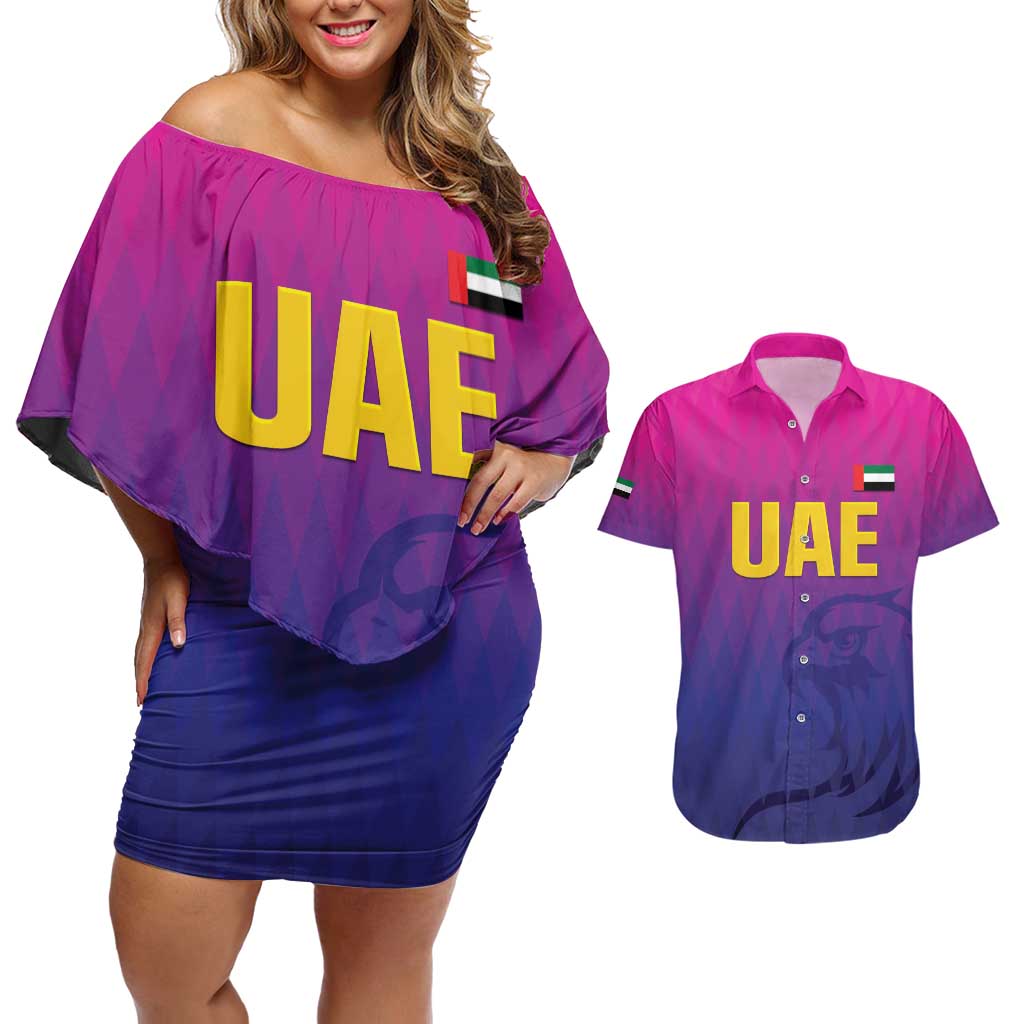 Custom United Arab Emirates Cricket Couples Matching Off Shoulder Short Dress and Hawaiian Shirt Go Champions Sporty Style LT05 - Wonder Print Shop