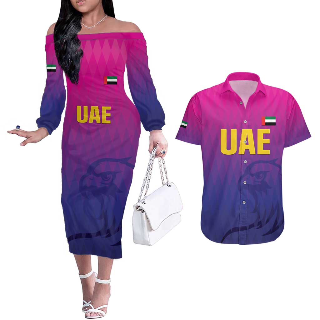 Custom United Arab Emirates Cricket Couples Matching Off The Shoulder Long Sleeve Dress and Hawaiian Shirt Go Champions Sporty Style LT05 - Wonder Print Shop