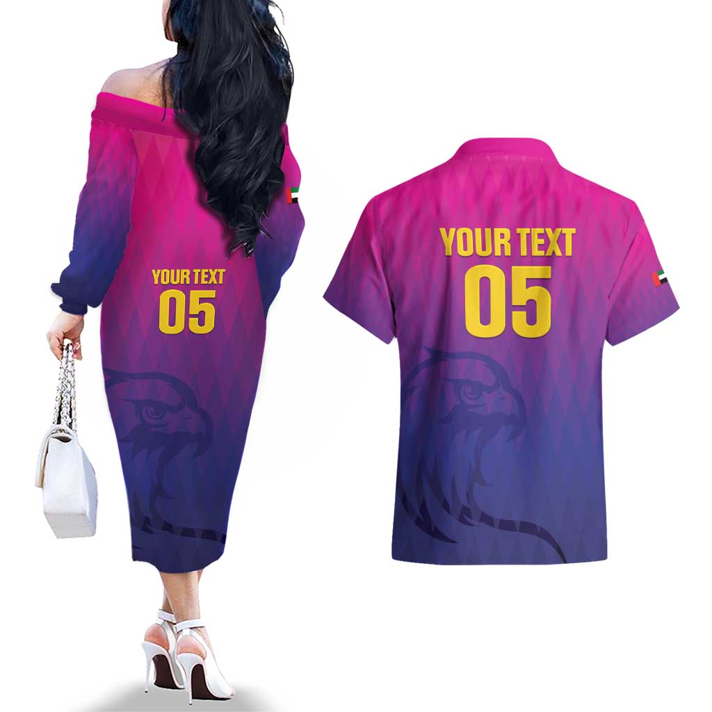 Custom United Arab Emirates Cricket Couples Matching Off The Shoulder Long Sleeve Dress and Hawaiian Shirt Go Champions Sporty Style LT05 - Wonder Print Shop