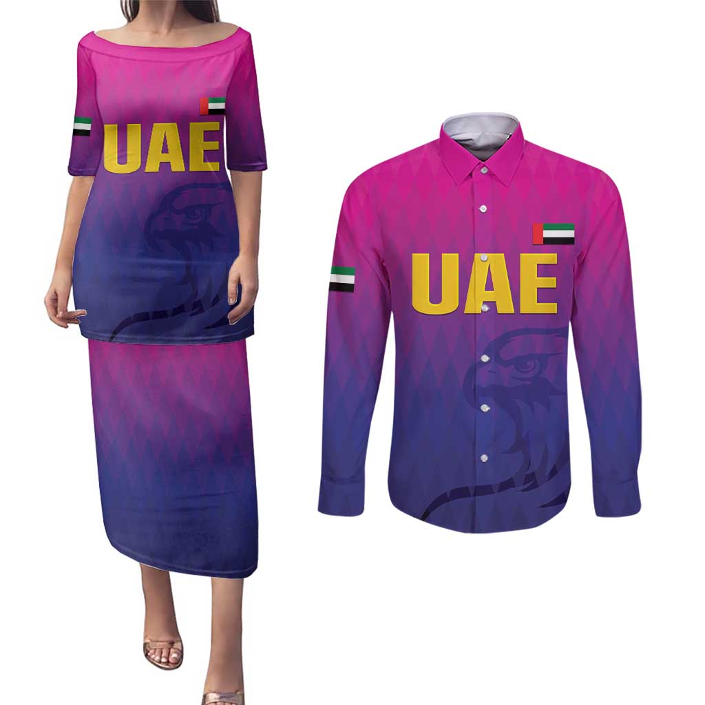 Custom United Arab Emirates Cricket Couples Matching Puletasi and Long Sleeve Button Shirt Go Champions Sporty Style LT05 - Wonder Print Shop