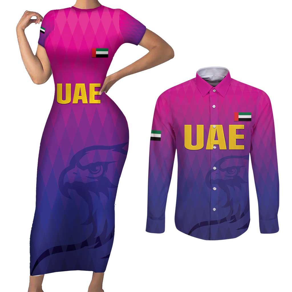 Custom United Arab Emirates Cricket Couples Matching Short Sleeve Bodycon Dress and Long Sleeve Button Shirt Go Champions Sporty Style LT05 - Wonder Print Shop