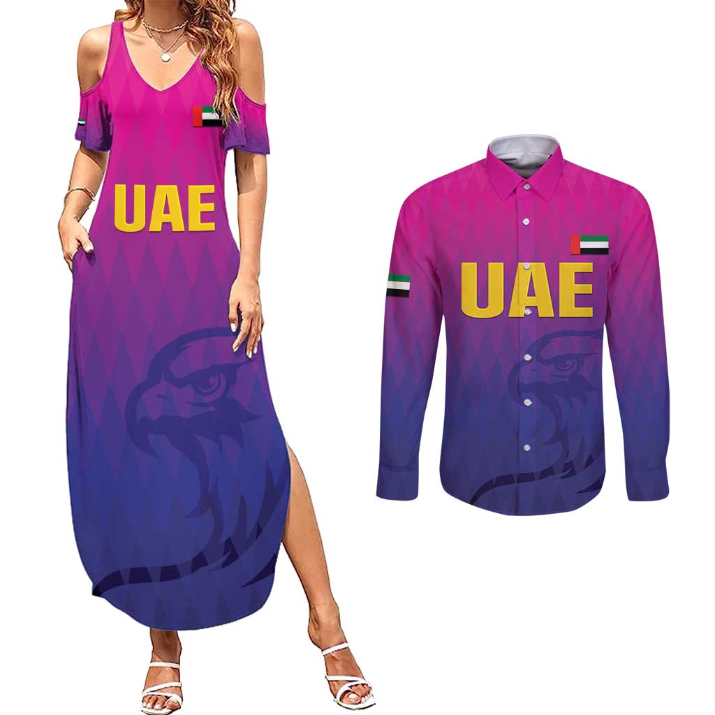 Custom United Arab Emirates Cricket Couples Matching Summer Maxi Dress and Long Sleeve Button Shirt Go Champions Sporty Style LT05 - Wonder Print Shop
