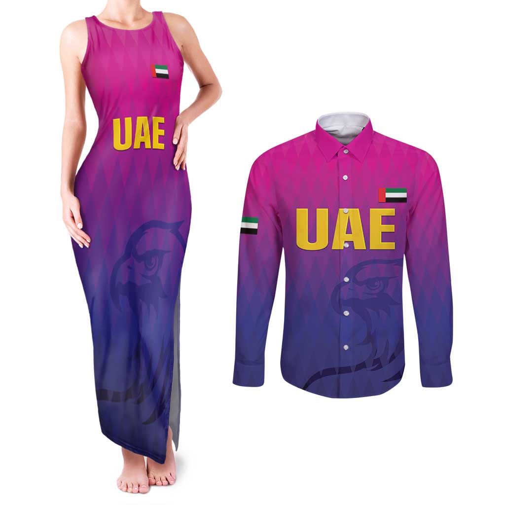 Custom United Arab Emirates Cricket Couples Matching Tank Maxi Dress and Long Sleeve Button Shirt Go Champions Sporty Style LT05 - Wonder Print Shop