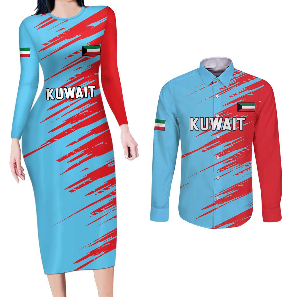 Custom Kuwait Cricket Couples Matching Long Sleeve Bodycon Dress and Long Sleeve Button Shirt Unique Style LT05 - Wonder Print Shop