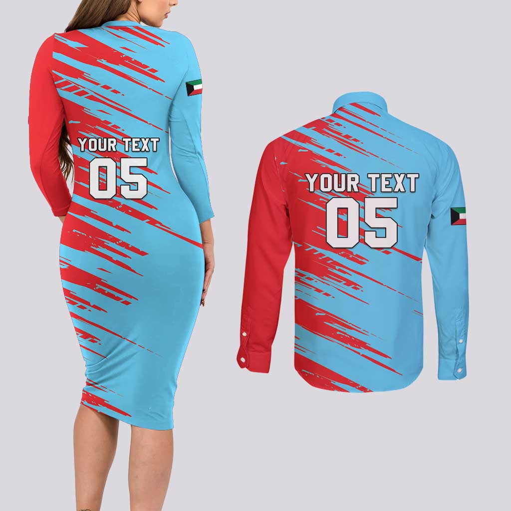 Custom Kuwait Cricket Couples Matching Long Sleeve Bodycon Dress and Long Sleeve Button Shirt Unique Style LT05 - Wonder Print Shop