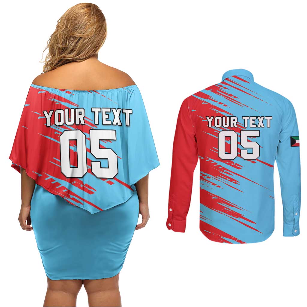 Custom Kuwait Cricket Couples Matching Off Shoulder Short Dress and Long Sleeve Button Shirt Unique Style LT05 - Wonder Print Shop