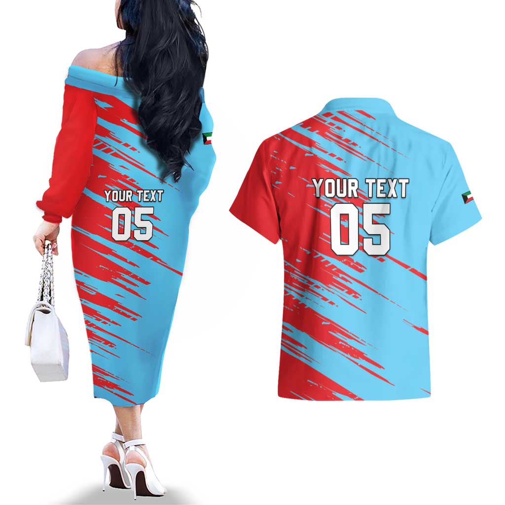 Custom Kuwait Cricket Couples Matching Off The Shoulder Long Sleeve Dress and Hawaiian Shirt Unique Style LT05 - Wonder Print Shop