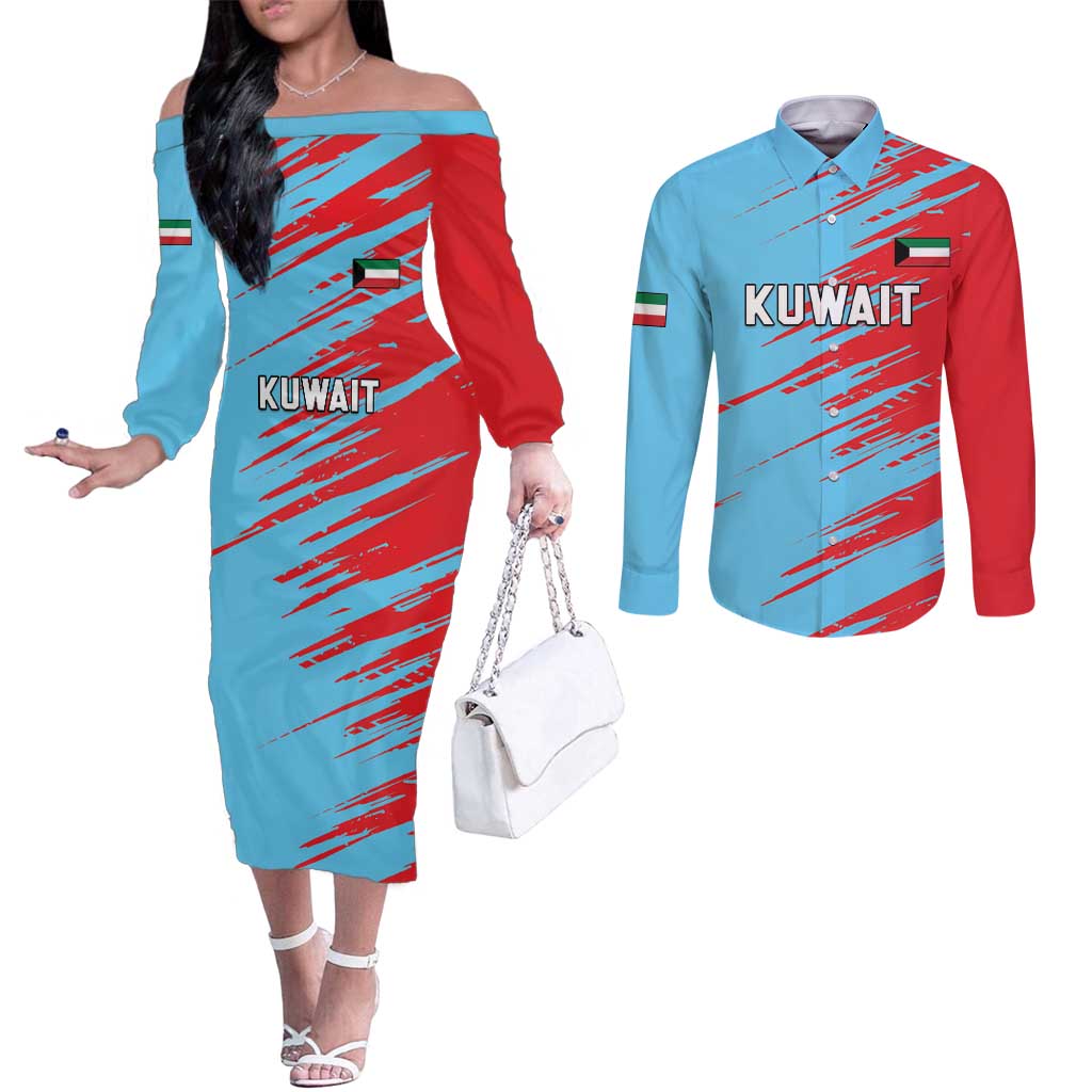 Custom Kuwait Cricket Couples Matching Off The Shoulder Long Sleeve Dress and Long Sleeve Button Shirt Unique Style