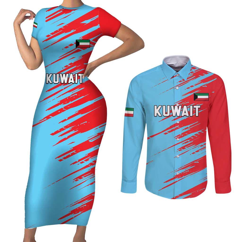 Custom Kuwait Cricket Couples Matching Short Sleeve Bodycon Dress and Long Sleeve Button Shirt Unique Style LT05 - Wonder Print Shop