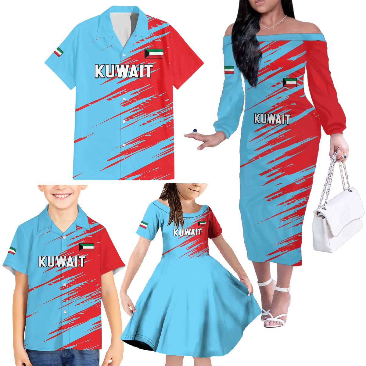 Custom Kuwait Cricket Family Matching Off The Shoulder Long Sleeve Dress and Hawaiian Shirt Unique Style LT05 - Wonder Print Shop