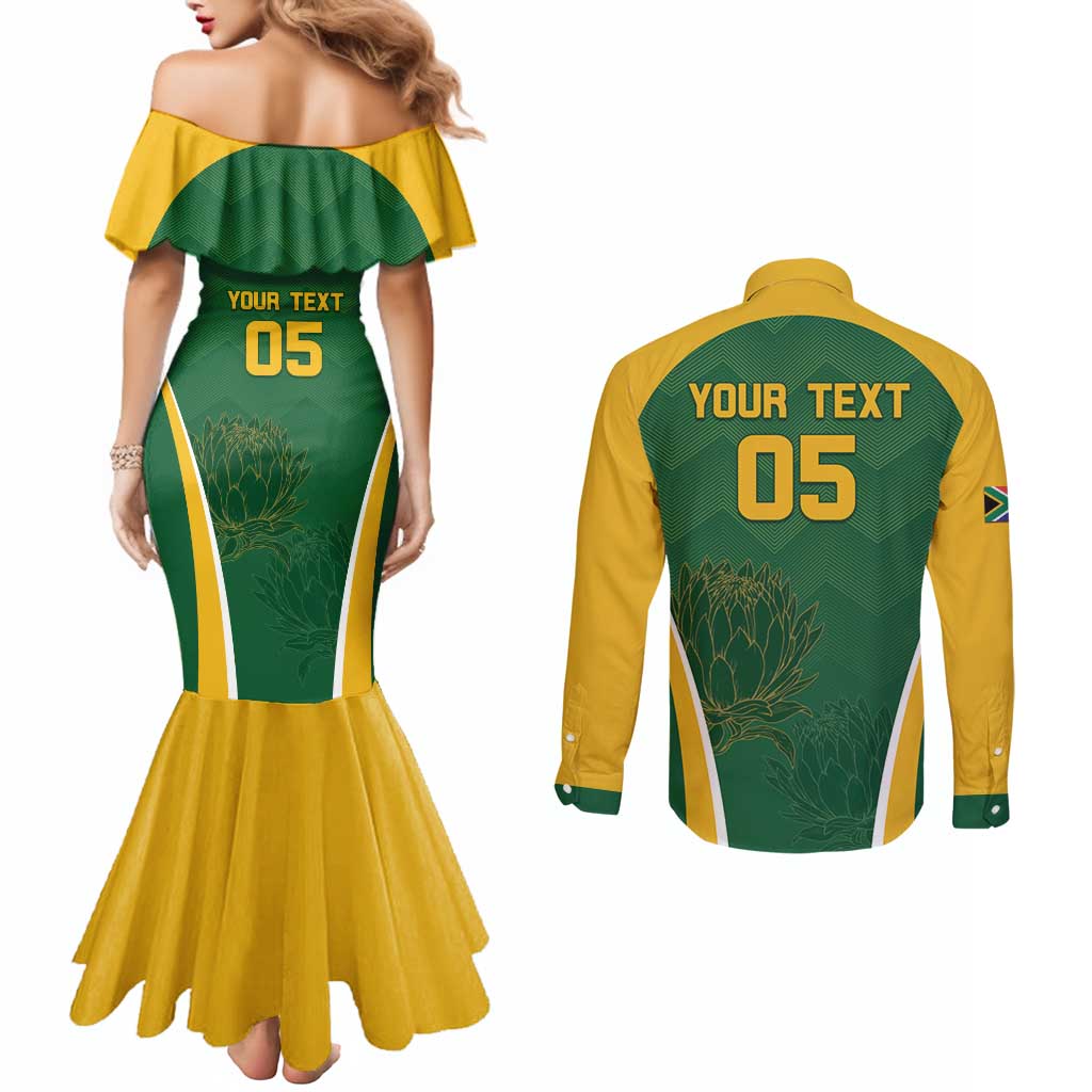 Custom South Africa Cricket Couples Matching Mermaid Dress and Long Sleeve Button Shirt Go Champions Protea Pattern