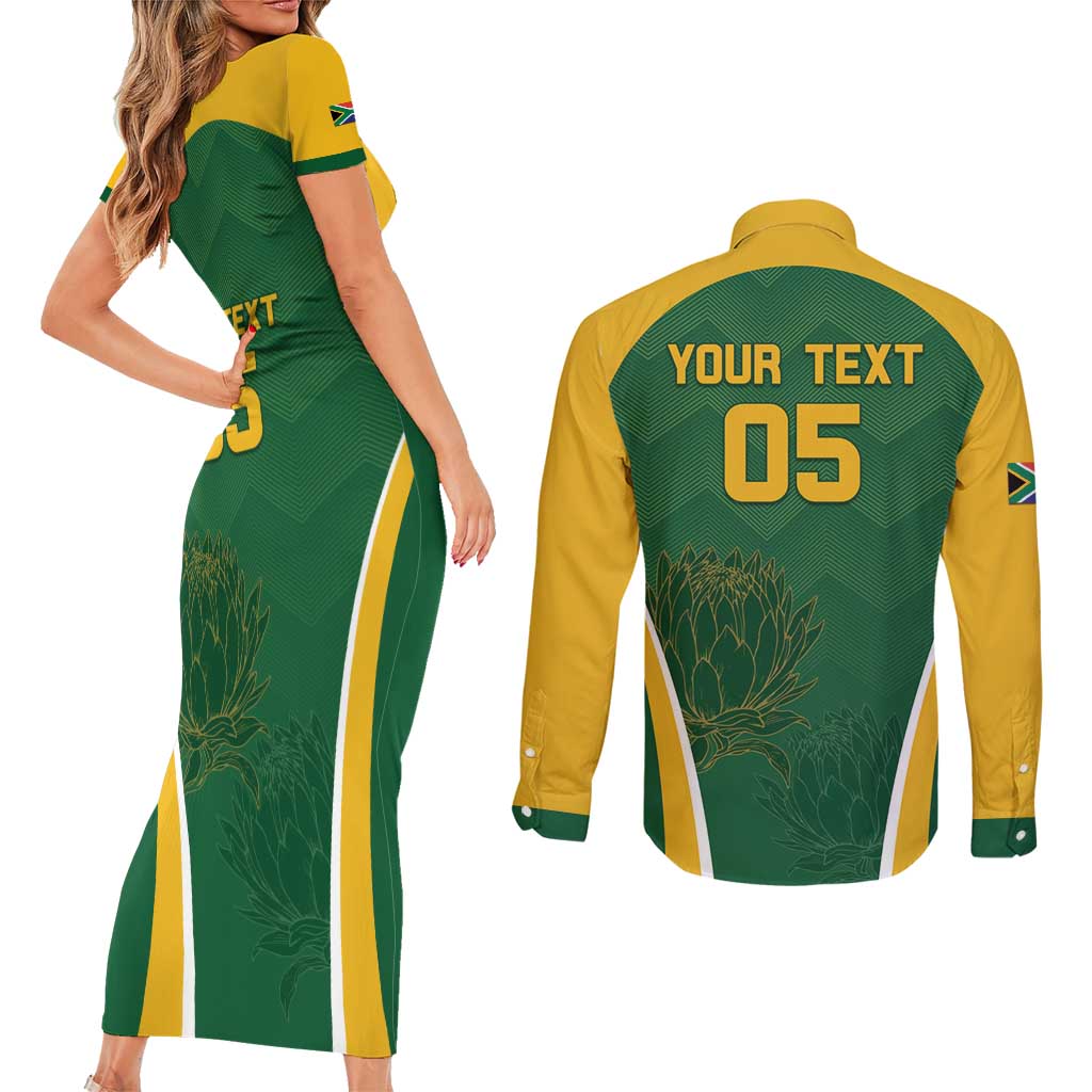 Custom South Africa Cricket Couples Matching Short Sleeve Bodycon Dress and Long Sleeve Button Shirt Go Champions Protea Pattern LT05 - Wonder Print Shop