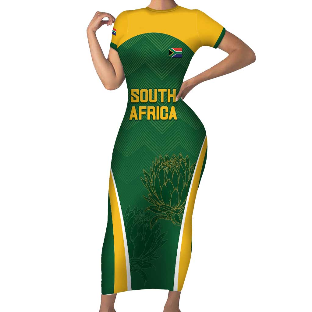 Custom South Africa Cricket Family Matching Short Sleeve Bodycon Dress and Hawaiian Shirt Go Champions Protea Pattern LT05 - Wonder Print Shop