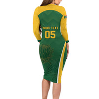 Custom South Africa Cricket Long Sleeve Bodycon Dress Go Champions Protea Pattern LT05 - Wonder Print Shop