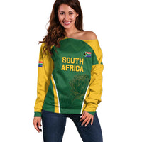 Custom South Africa Cricket Off Shoulder Sweater Go Champions Protea Pattern LT05 - Wonder Print Shop