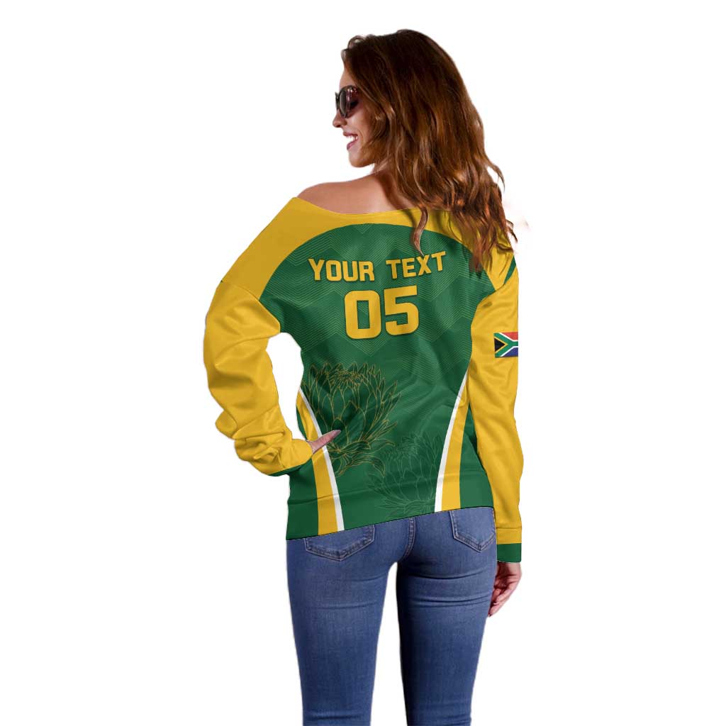 Custom South Africa Cricket Off Shoulder Sweater Go Champions Protea Pattern LT05 - Wonder Print Shop