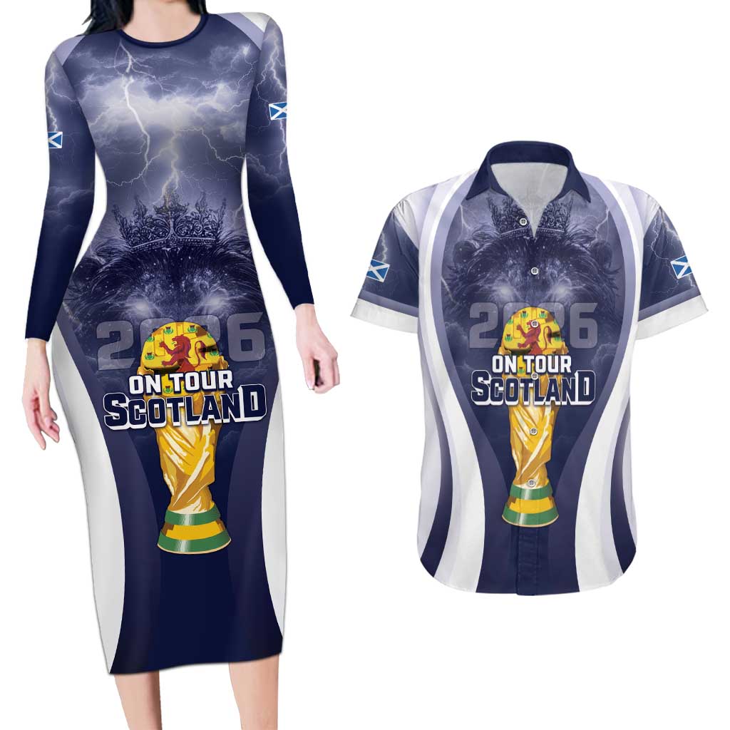 Custom Scotland Football 2026 Couples Matching Long Sleeve Bodycon Dress and Hawaiian Shirt Scotland On Tour Trophy Style - Wonder Print Shop