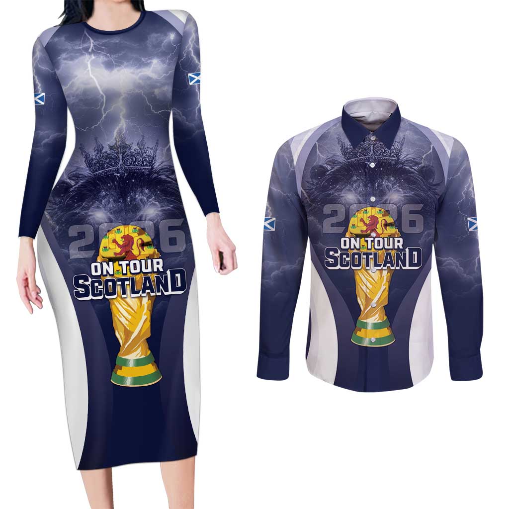 Custom Scotland Football 2026 Couples Matching Long Sleeve Bodycon Dress and Long Sleeve Button Shirt Scotland On Tour Trophy Style - Wonder Print Shop