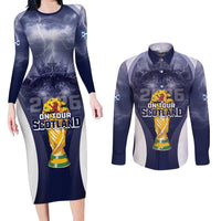 Custom Scotland Football 2026 Couples Matching Long Sleeve Bodycon Dress and Long Sleeve Button Shirt Scotland On Tour Trophy Style - Wonder Print Shop