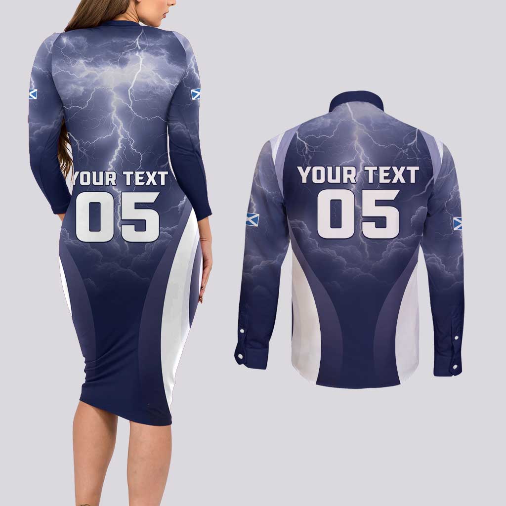 Custom Scotland Football 2026 Couples Matching Long Sleeve Bodycon Dress and Long Sleeve Button Shirt Scotland On Tour Trophy Style - Wonder Print Shop