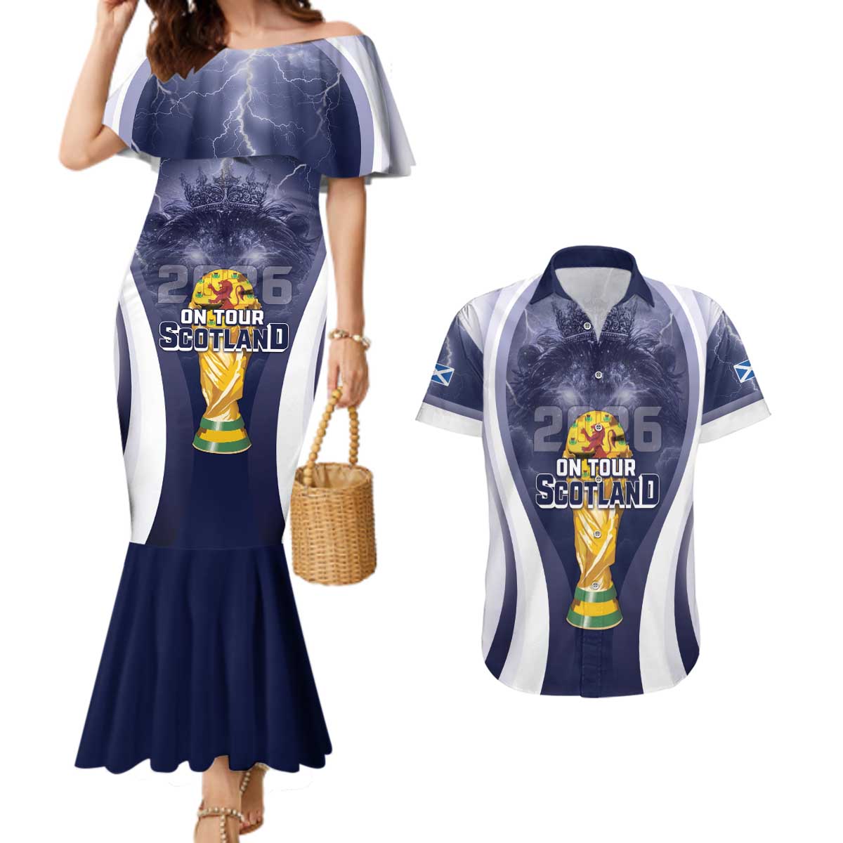 Custom Scotland Football 2026 Couples Matching Mermaid Dress and Hawaiian Shirt Scotland On Tour Trophy Style - Wonder Print Shop