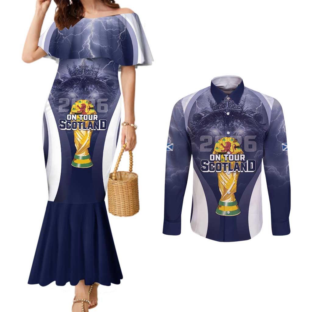 Custom Scotland Football 2026 Couples Matching Mermaid Dress and Long Sleeve Button Shirt Scotland On Tour Trophy Style - Wonder Print Shop