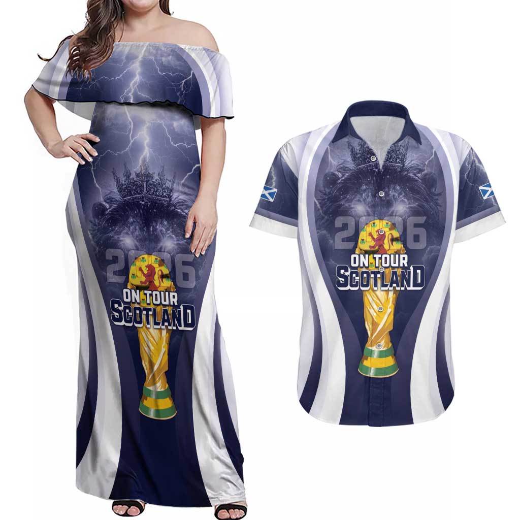Custom Scotland Football 2026 Couples Matching Off Shoulder Maxi Dress and Hawaiian Shirt Scotland On Tour Trophy Style - Wonder Print Shop