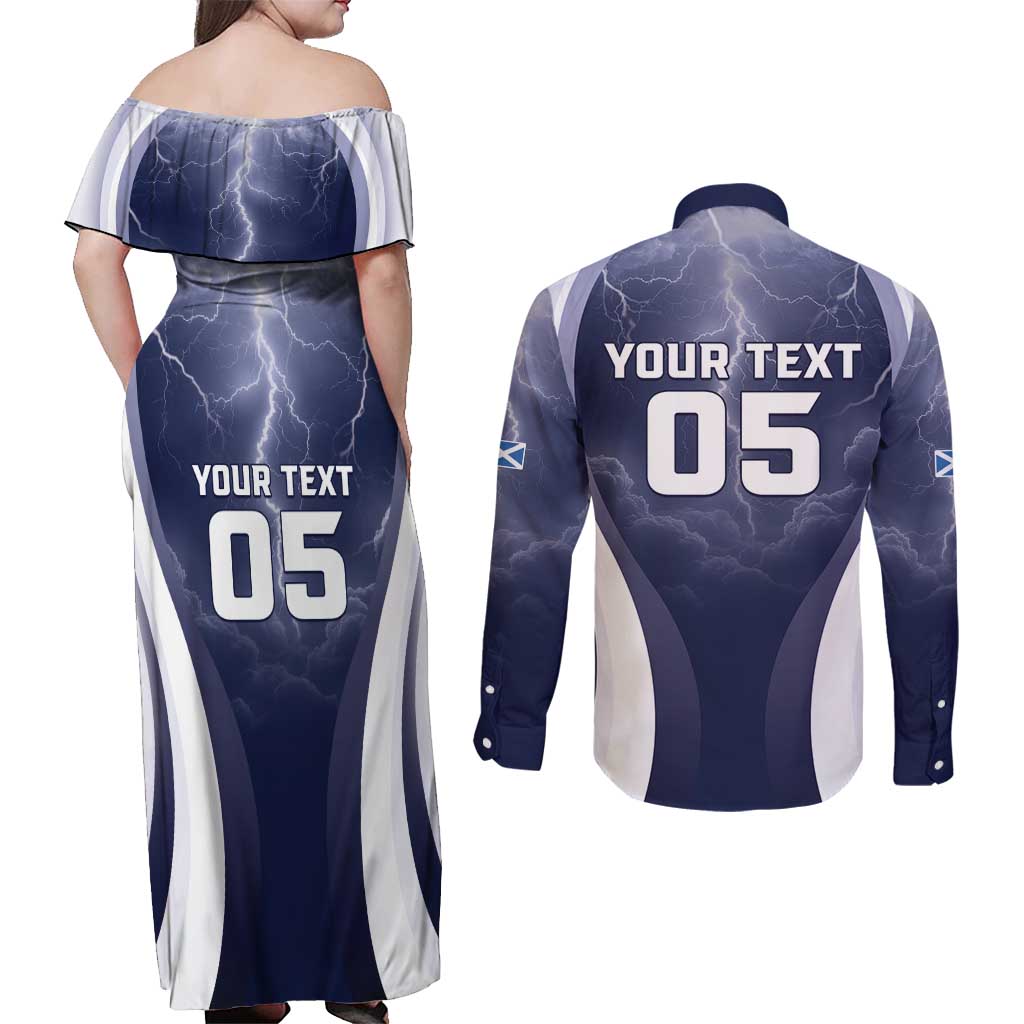 Custom Scotland Football 2026 Couples Matching Off Shoulder Maxi Dress and Long Sleeve Button Shirt Scotland On Tour Trophy Style - Wonder Print Shop