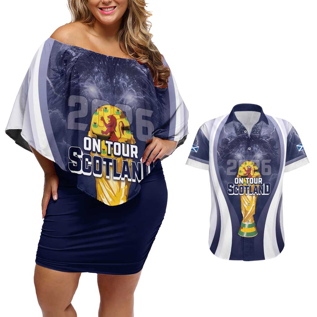 Custom Scotland Football 2026 Couples Matching Off Shoulder Short Dress and Hawaiian Shirt Scotland On Tour Trophy Style - Wonder Print Shop