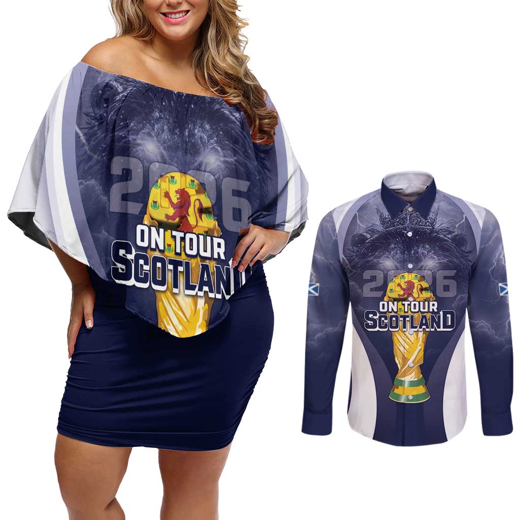 Custom Scotland Football 2026 Couples Matching Off Shoulder Short Dress and Long Sleeve Button Shirt Scotland On Tour Trophy Style - Wonder Print Shop