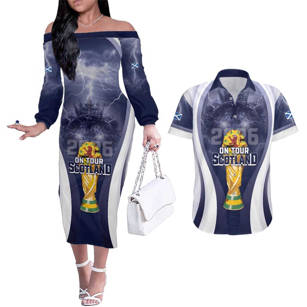 Custom Scotland Football 2026 Couples Matching Off The Shoulder Long Sleeve Dress and Hawaiian Shirt Scotland On Tour Trophy Style - Wonder Print Shop