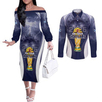 Custom Scotland Football 2026 Couples Matching Off The Shoulder Long Sleeve Dress and Long Sleeve Button Shirt Scotland On Tour Trophy Style - Wonder Print Shop