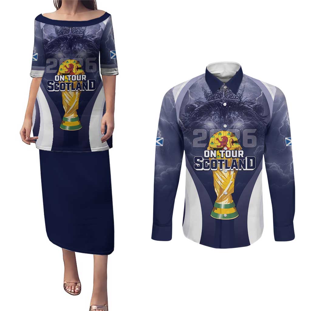 Custom Scotland Football 2026 Couples Matching Puletasi and Long Sleeve Button Shirt Scotland On Tour Trophy Style - Wonder Print Shop