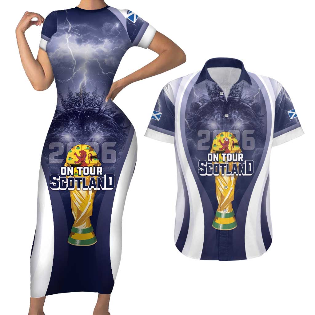 Custom Scotland Football 2026 Couples Matching Short Sleeve Bodycon Dress and Hawaiian Shirt Scotland On Tour Trophy Style - Wonder Print Shop