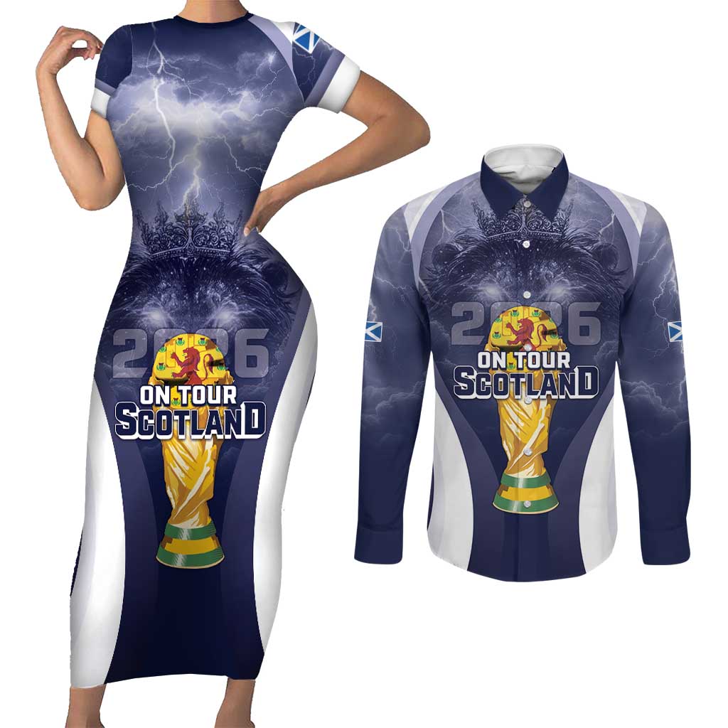 Custom Scotland Football 2026 Couples Matching Short Sleeve Bodycon Dress and Long Sleeve Button Shirt Scotland On Tour Trophy Style - Wonder Print Shop