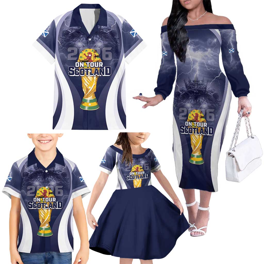 Custom Scotland Football 2026 Family Matching Off The Shoulder Long Sleeve Dress and Hawaiian Shirt Scotland On Tour Trophy Style - Wonder Print Shop