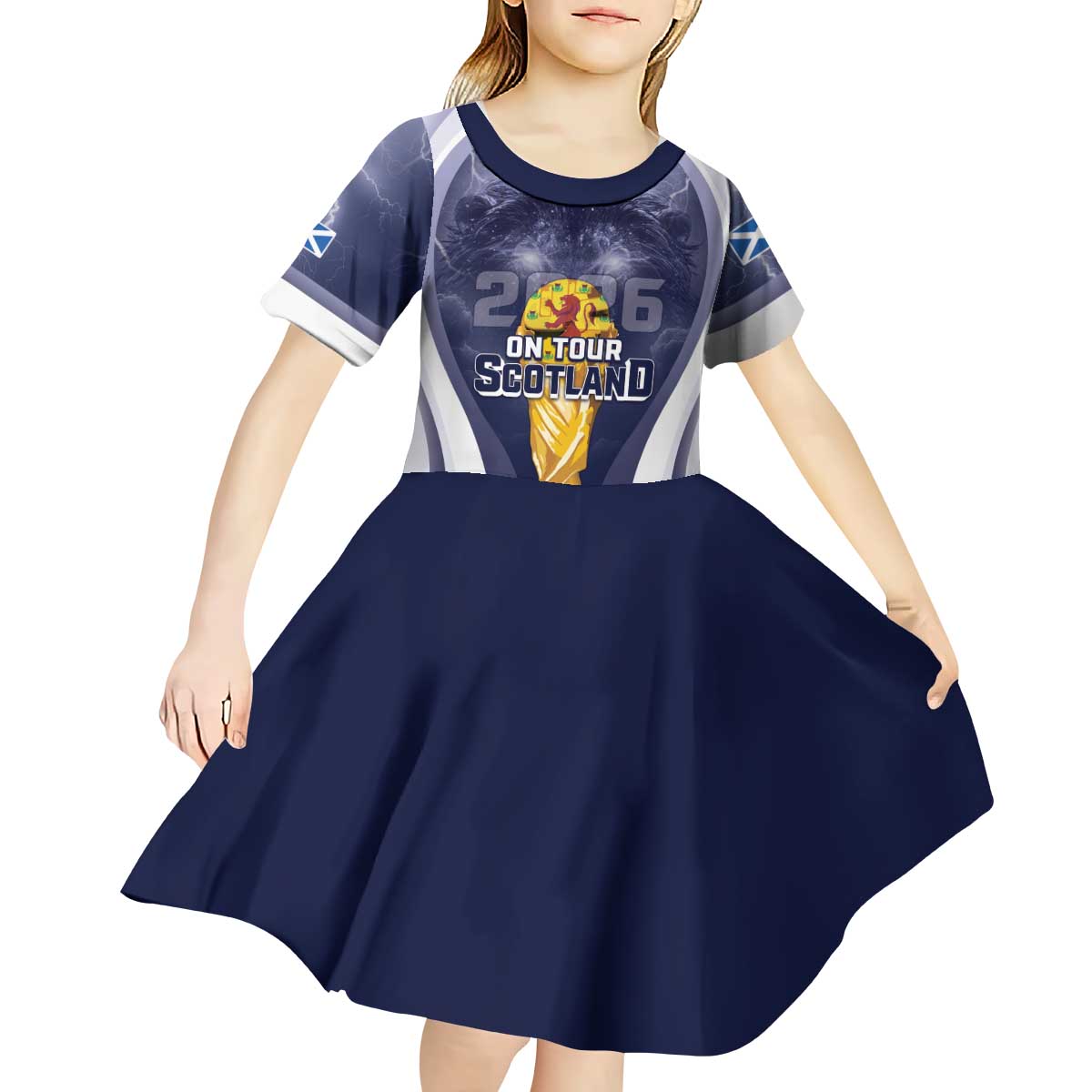 Custom Scotland Football 2026 Kid Short Sleeve Dress Scotland On Tour Trophy Style - Wonder Print Shop