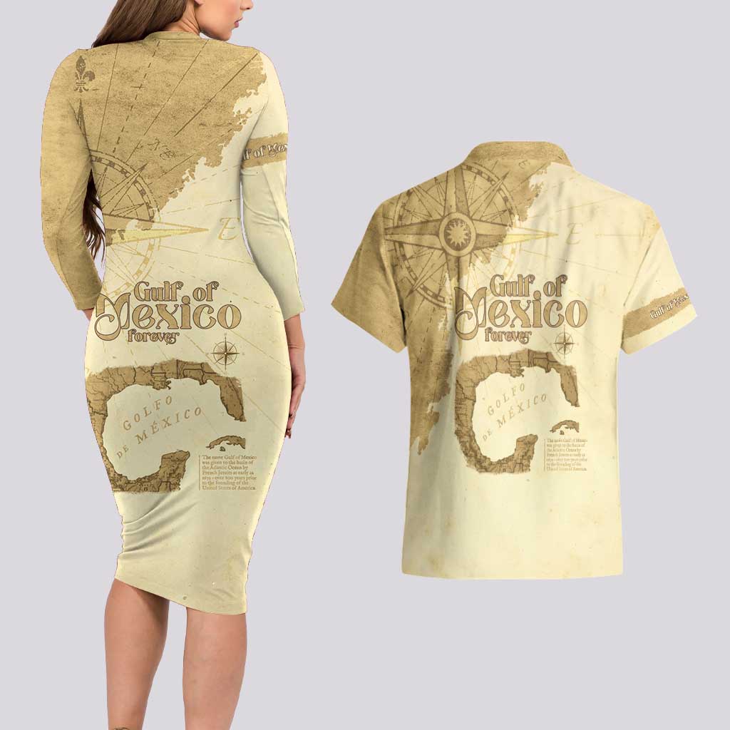 Gulf Of Mexico Estd 1672 Couples Matching Long Sleeve Bodycon Dress and Hawaiian Shirt Vintage Style