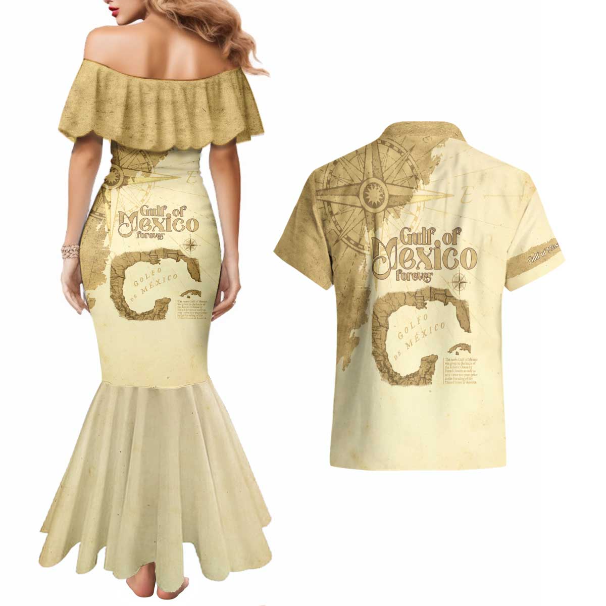 Gulf Of Mexico Estd 1672 Couples Matching Mermaid Dress and Hawaiian Shirt Vintage Style