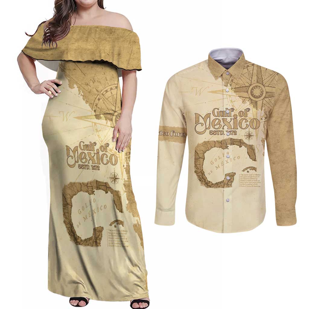 Gulf Of Mexico Estd 1672 Couples Matching Off Shoulder Maxi Dress and Long Sleeve Button Shirt Vintage Style