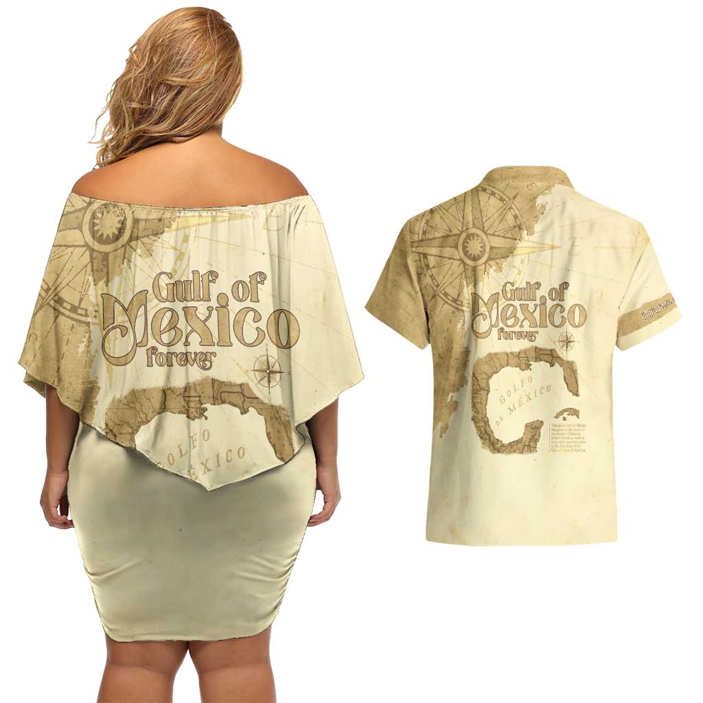 Gulf Of Mexico Estd 1672 Couples Matching Off Shoulder Short Dress and Hawaiian Shirt Vintage Style