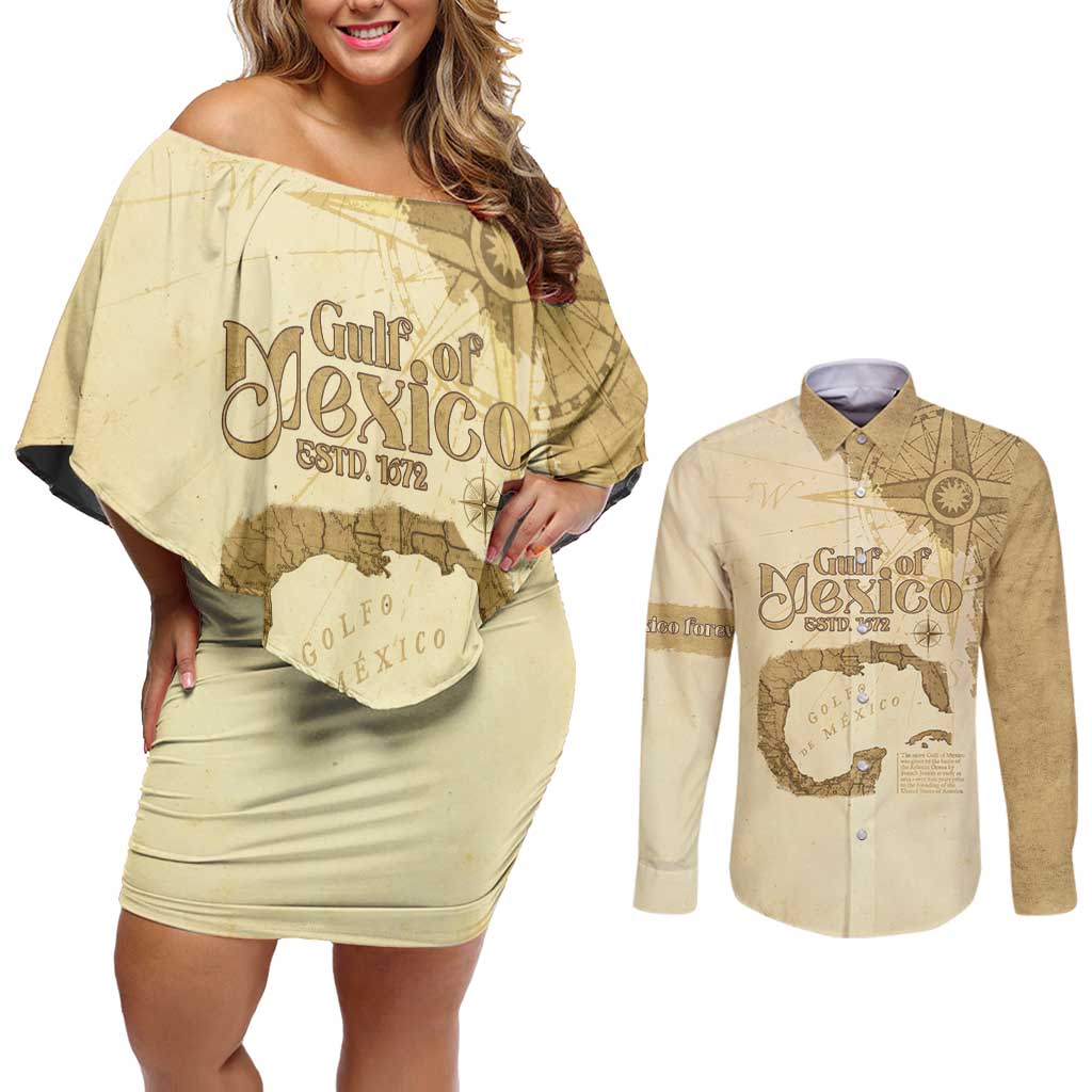 Gulf Of Mexico Estd 1672 Couples Matching Off Shoulder Short Dress and Long Sleeve Button Shirt Vintage Style